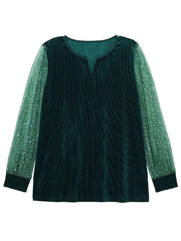 velvet-patchwork-mesh-sequin-notched-t-shirt