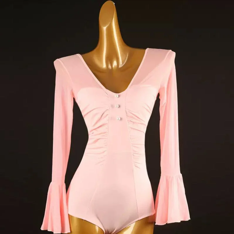 YZY Women's Pink Long Sleeve V-neck Latin Dance Tops Ballroom Dance Wear